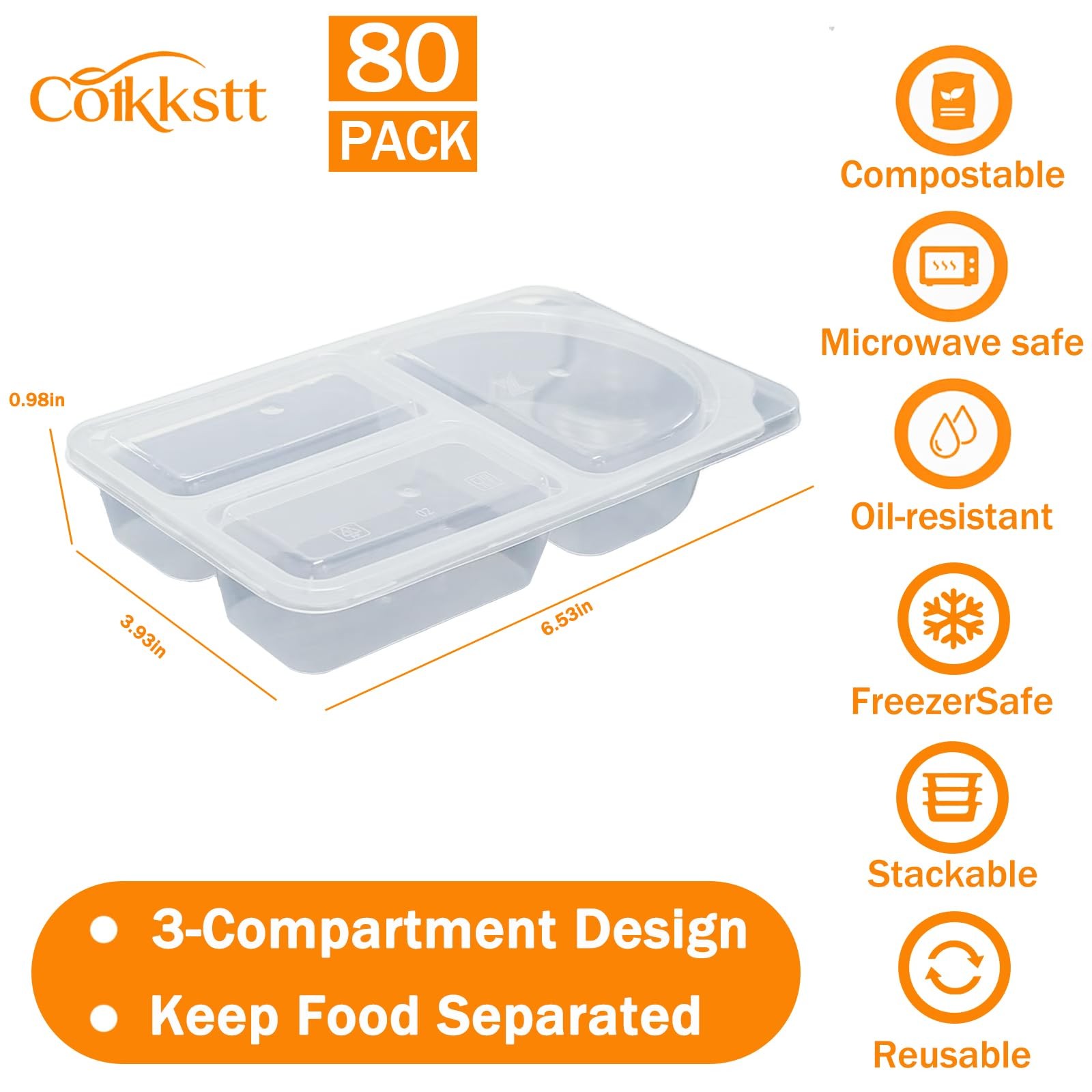 80Pack 9oz Reusable Snack Containers with Lids for Kids, 3 Compartment Plasti…