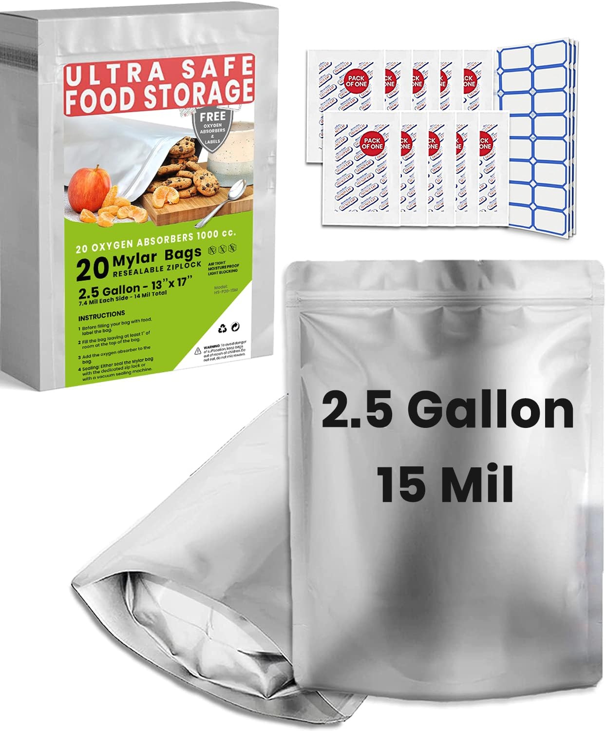 20 Mylar Bags for Food Storage, 2.5 13 x 17 Inches (2.5 Gallon), Silver
