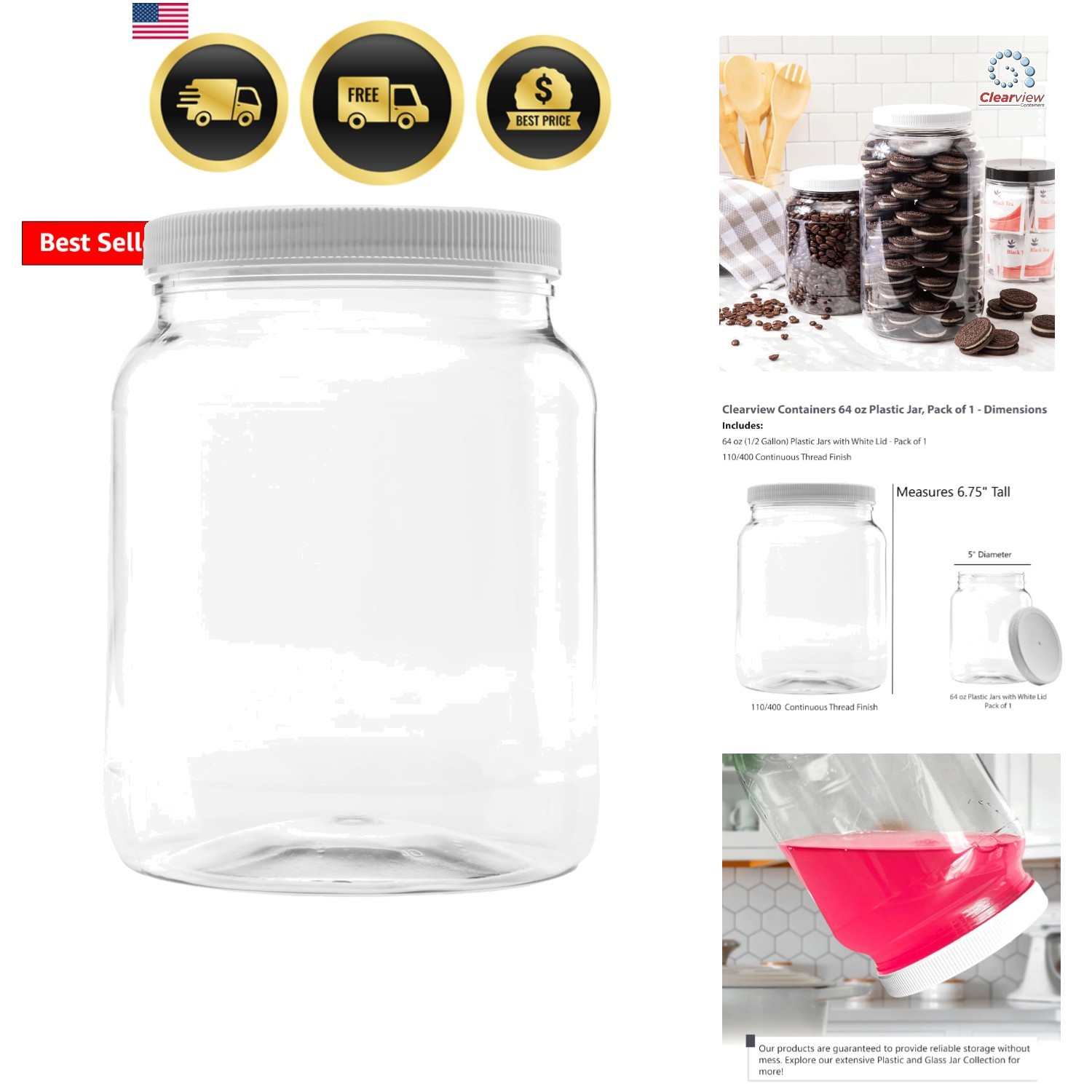 Plastic Storage Jars with Leak Proof Lids, BPA Free, Hand Wash Only 64oz, 1PK…