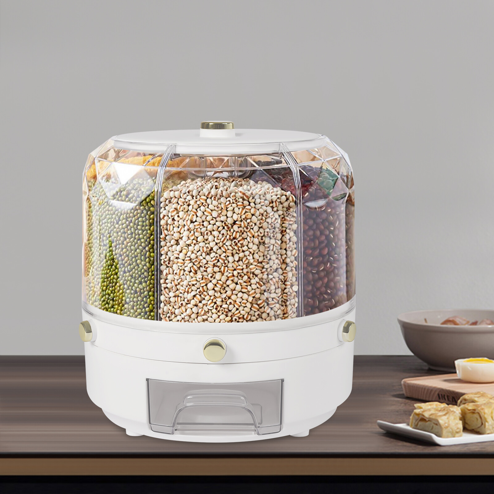 6 in 1 360° Rotating Grain Cereal Dispenser Storage Box Kitchen Rice Container