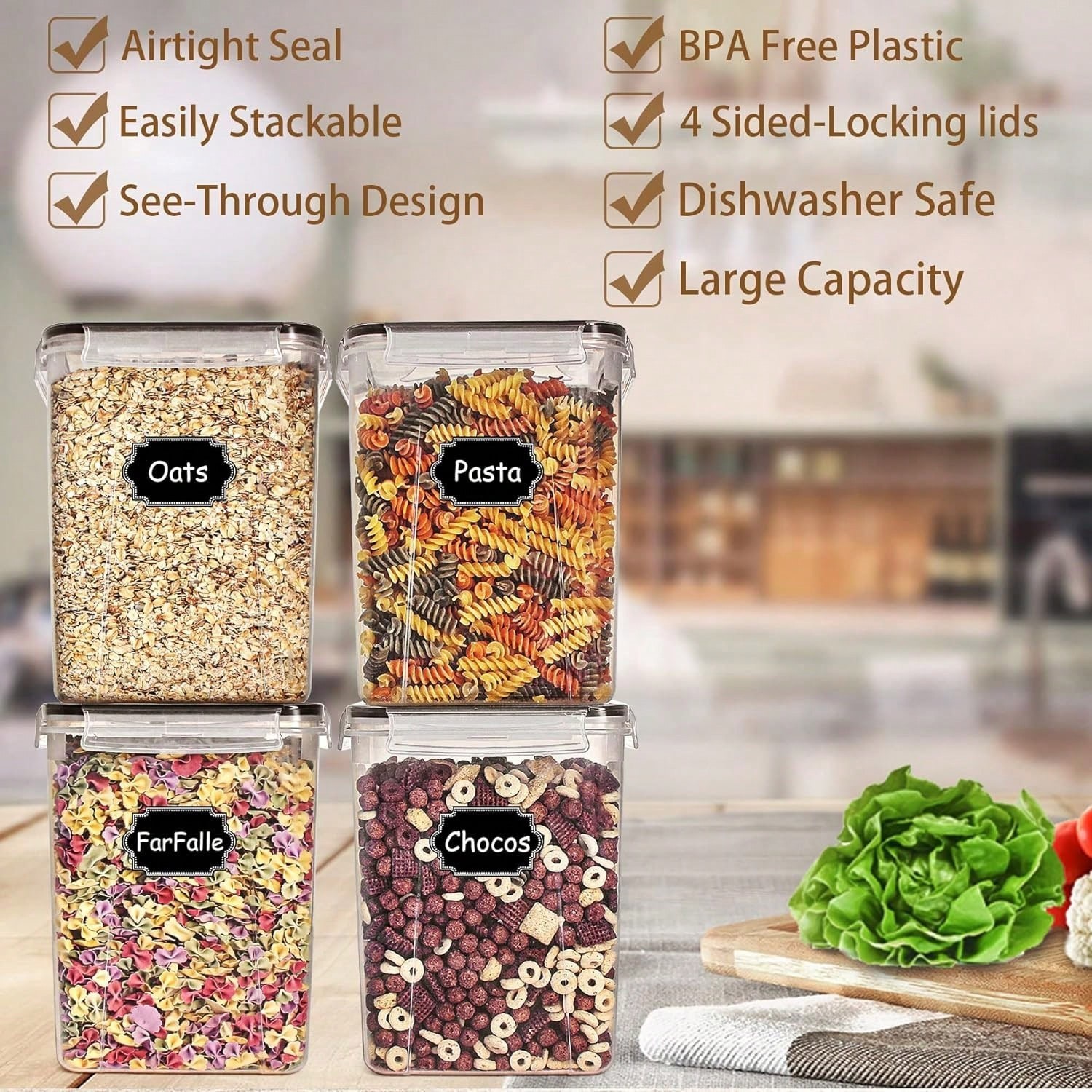 4pc 5.2L Airtight Food Storage Containers Pantry Canisters Labels