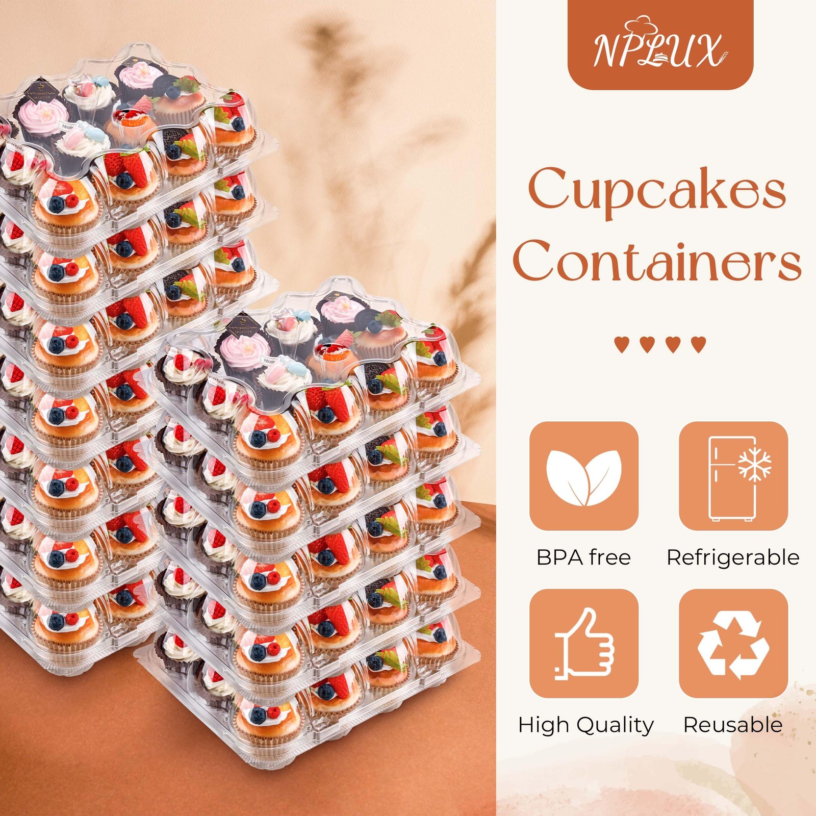 NPLUX 12 Count Cupcake Containers 12 Pack 12.2×9.5×3.5inch, Clear