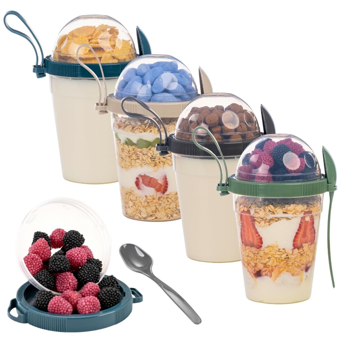 EYNEL 4 Pack On The Go Cereal Yogurt Cups with Lids and Spoon, 20 oz Reusable…