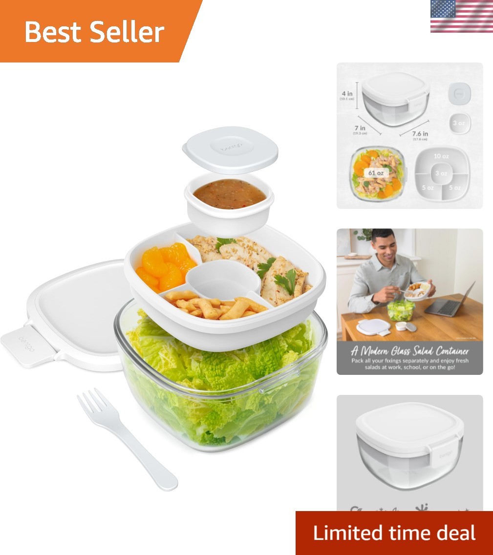 All-in-One Glass Salad Bowl – Airtight 61-oz with Bento Tray & Sauce Container