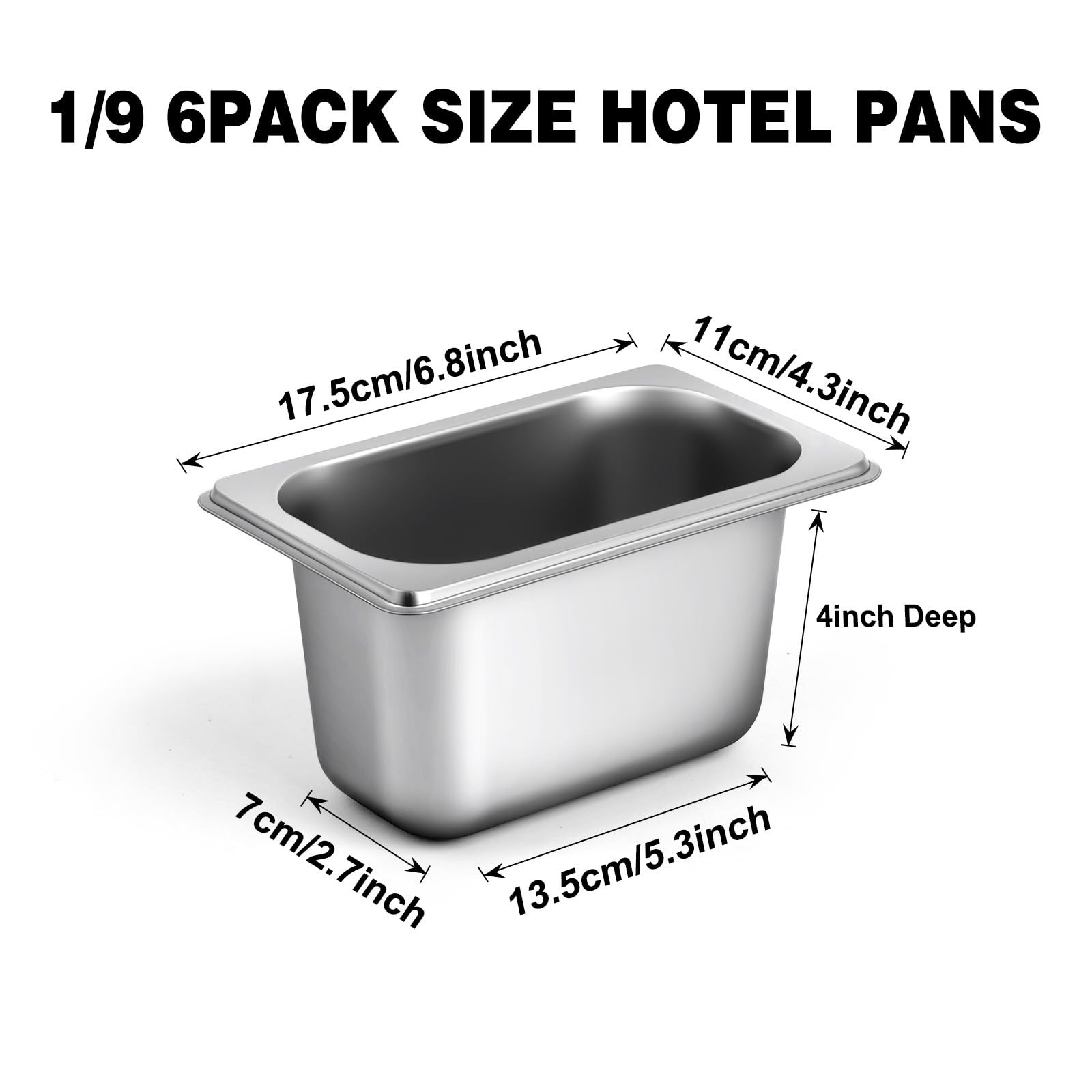 6 PCS 1/9 Size Hotel Pan Lids 4 Inch Deep Steam Table 5.3×2.7 In Stainless