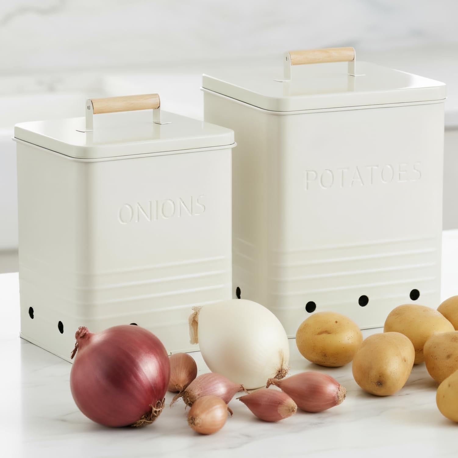 Metal Potato Onion Storage Canister Set Spacious Kitchen Counter Bins