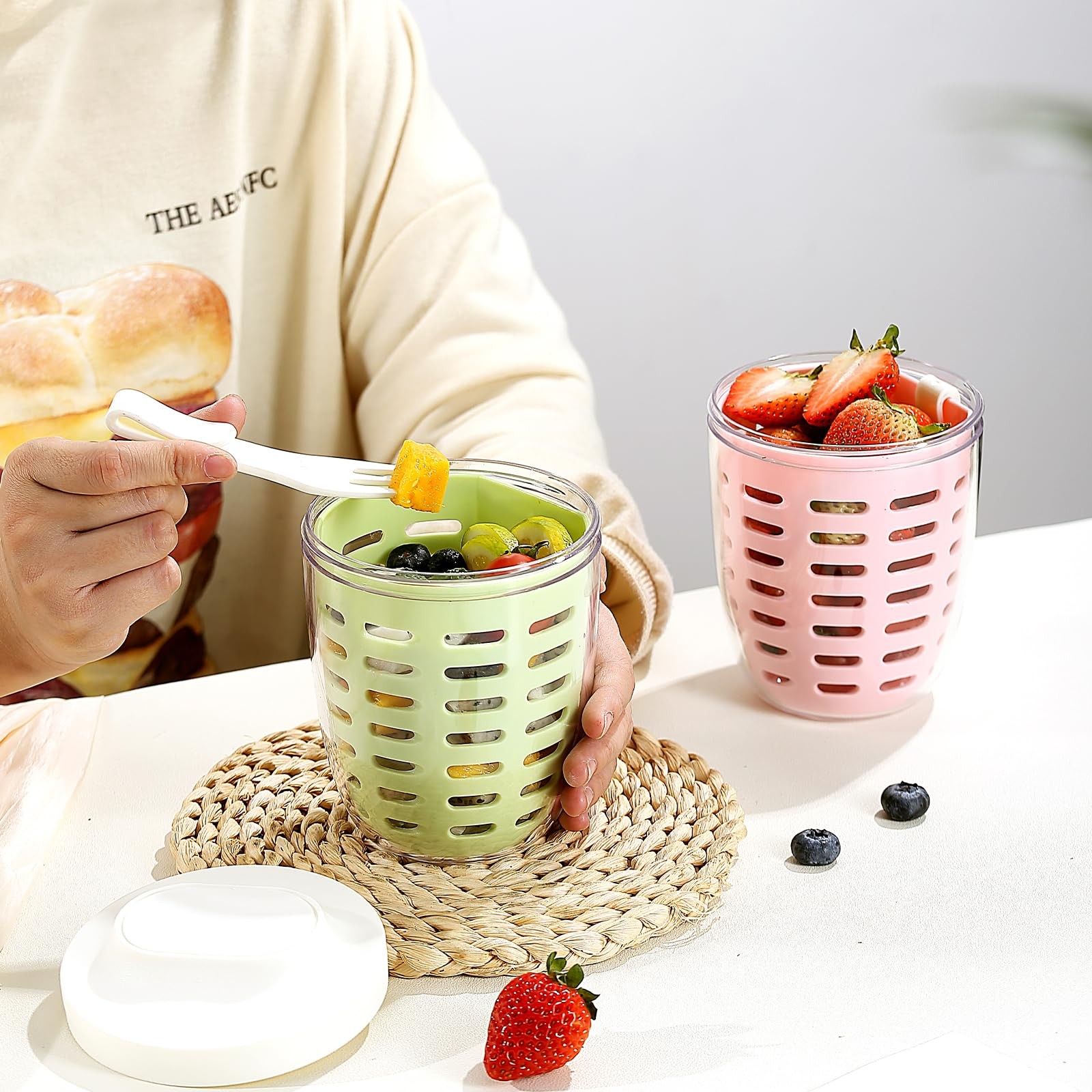 Fresh Fruit Salad Storage Cup To Go With Lids, Fork & Drain Baskets, Reusable…