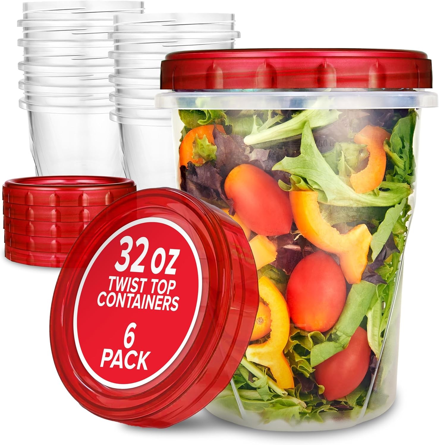 32oz Plastic Containers with Red Twist Top Lids (6 Pack)
