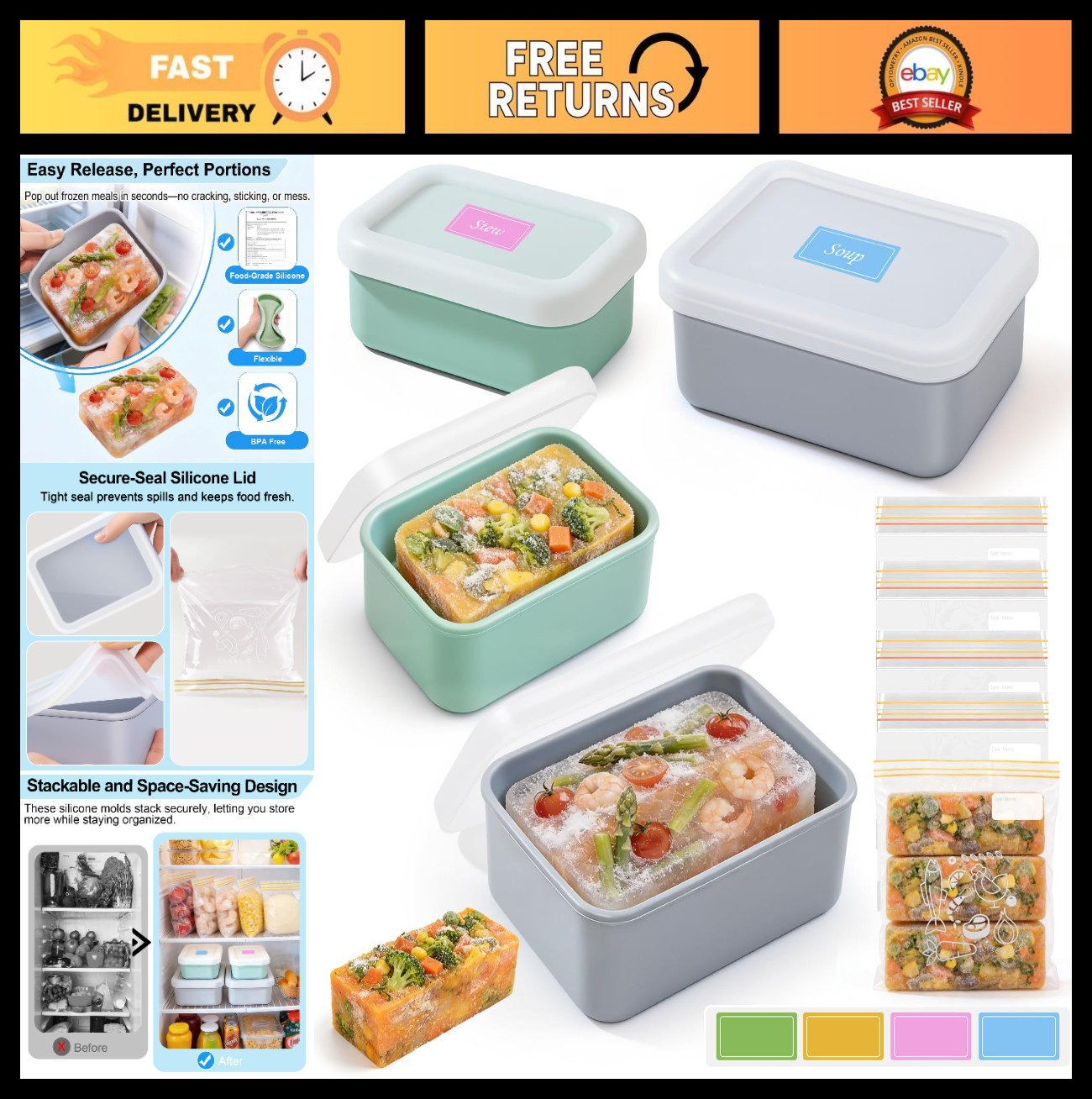 Silicone Freezer Trays with Lid, 4 Pack Meal Prep Molds, Airtight Portion Contro