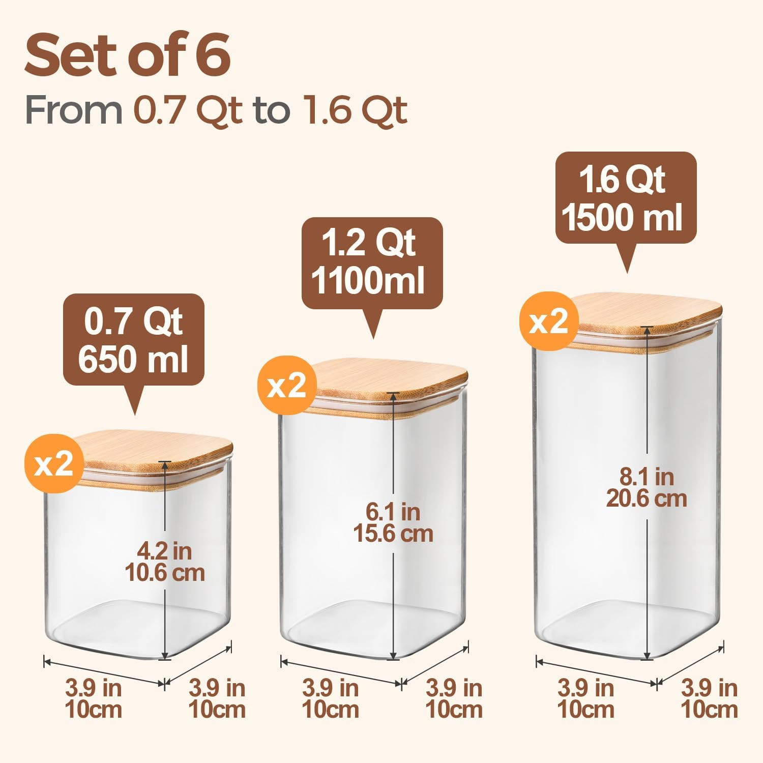 Comsaf Glass Pantry Storage Containers (0.7Qt/1.2Qt/1.6Qt) Set of 6, Glass Stora