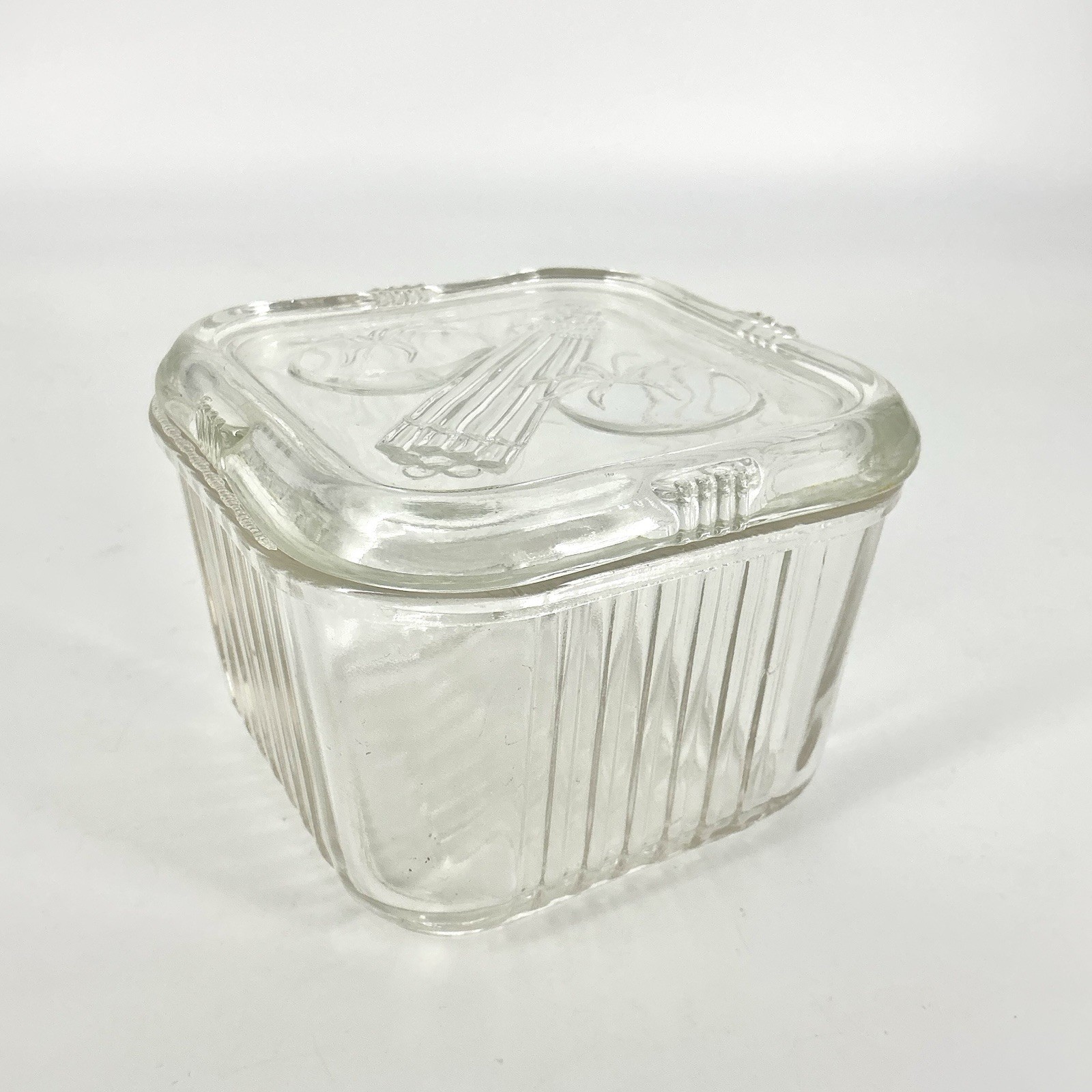 Federal Glass Refrigerator Dish Vegetables Ribbed Square Clear Vintage 4.25” 001