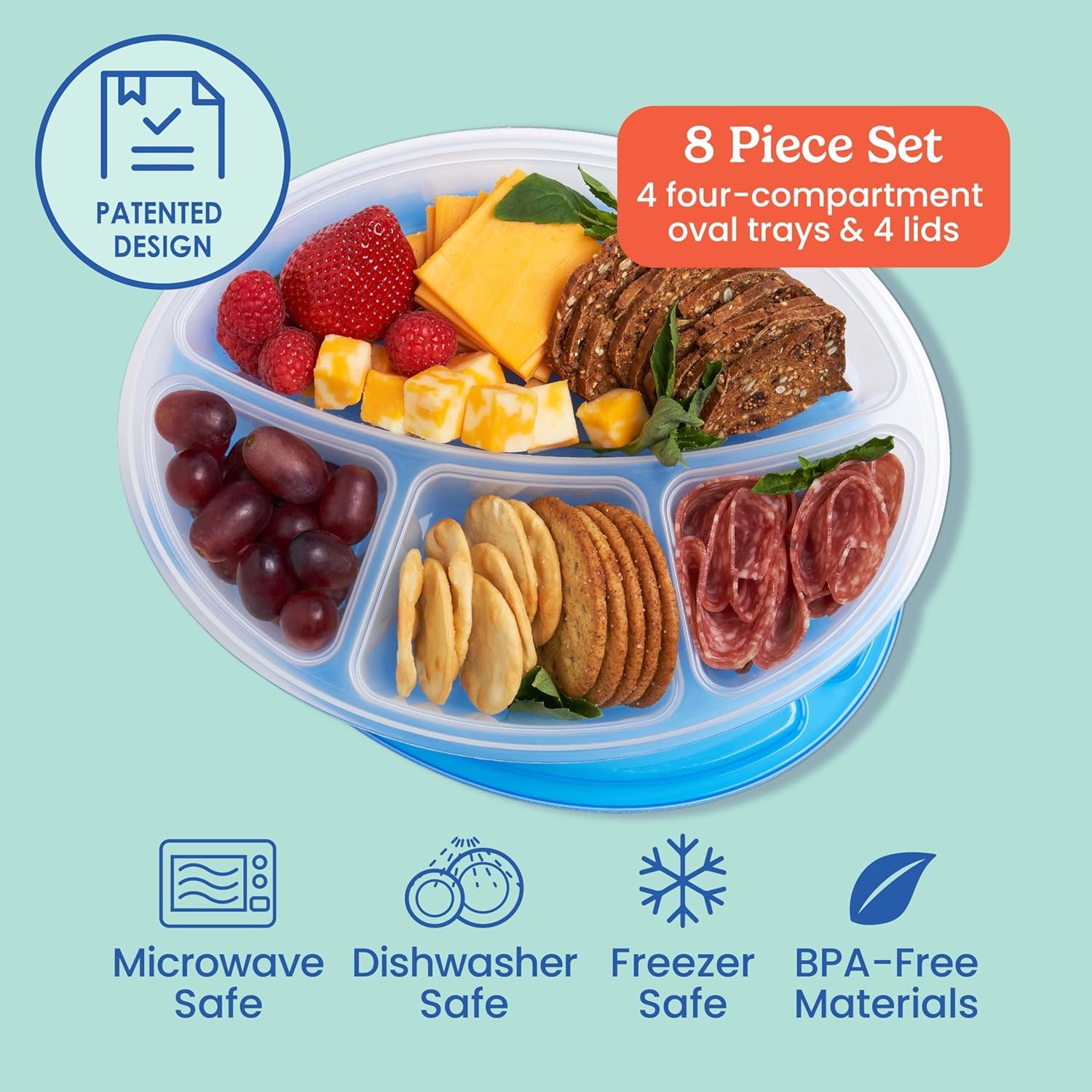 4-Compartment Meal Prep Containers with Lids, 8-Piece Set, Reusable BPA-Free