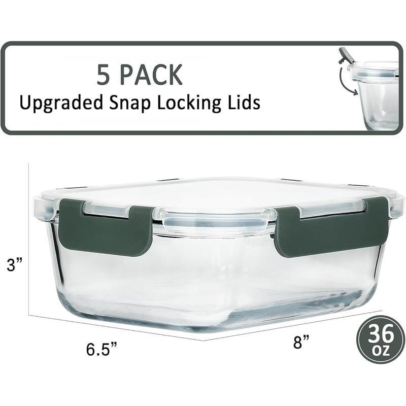 5-Packs, 36 Oz Glass Meal Prep Containers with Snap Locking Lids Food Containers
