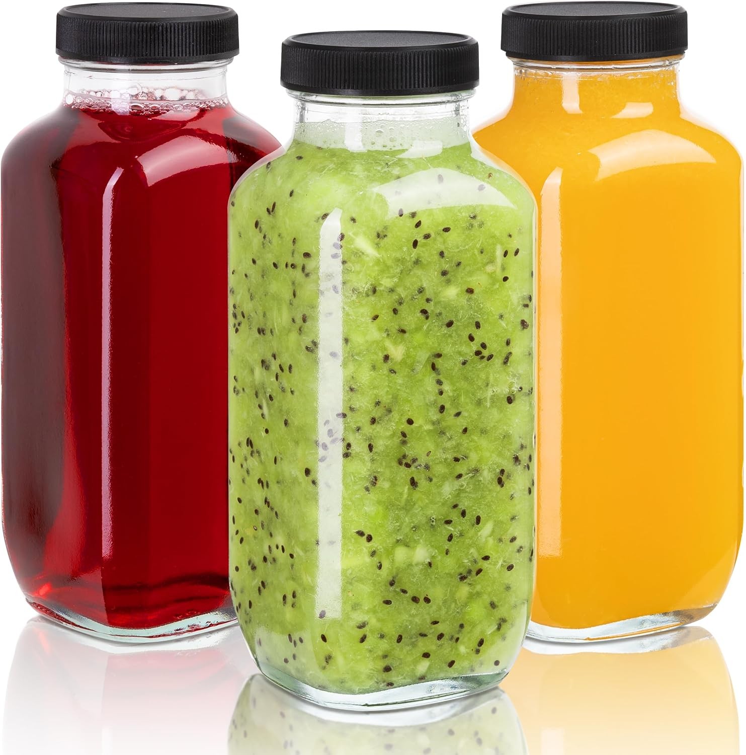 Juice Bottles with Lids, 16 Oz, Set of 3 | Clear Glass Jars with Caps, Reusable