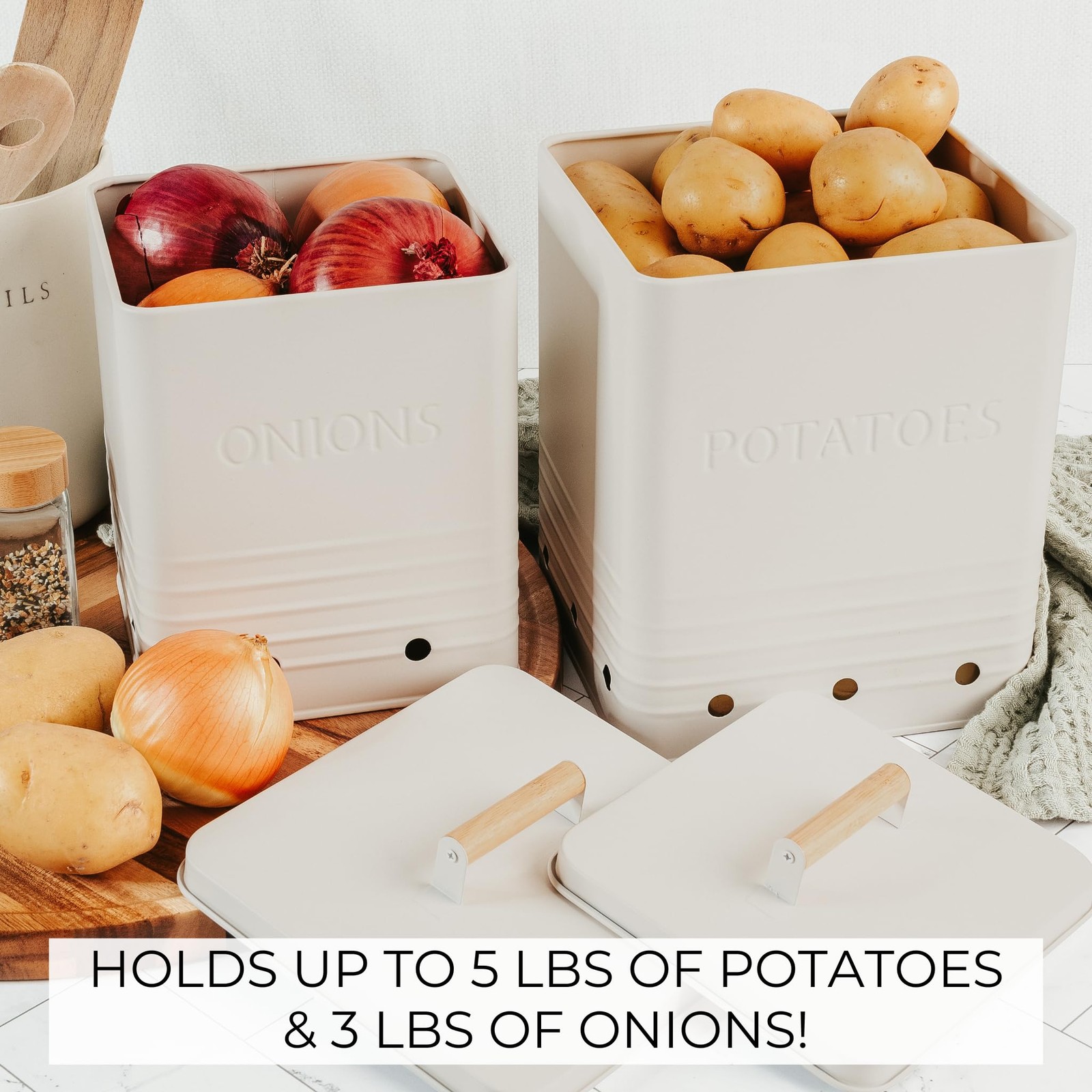 Metal Potato Onion Storage Canister Set Spacious Kitchen Counter Bins