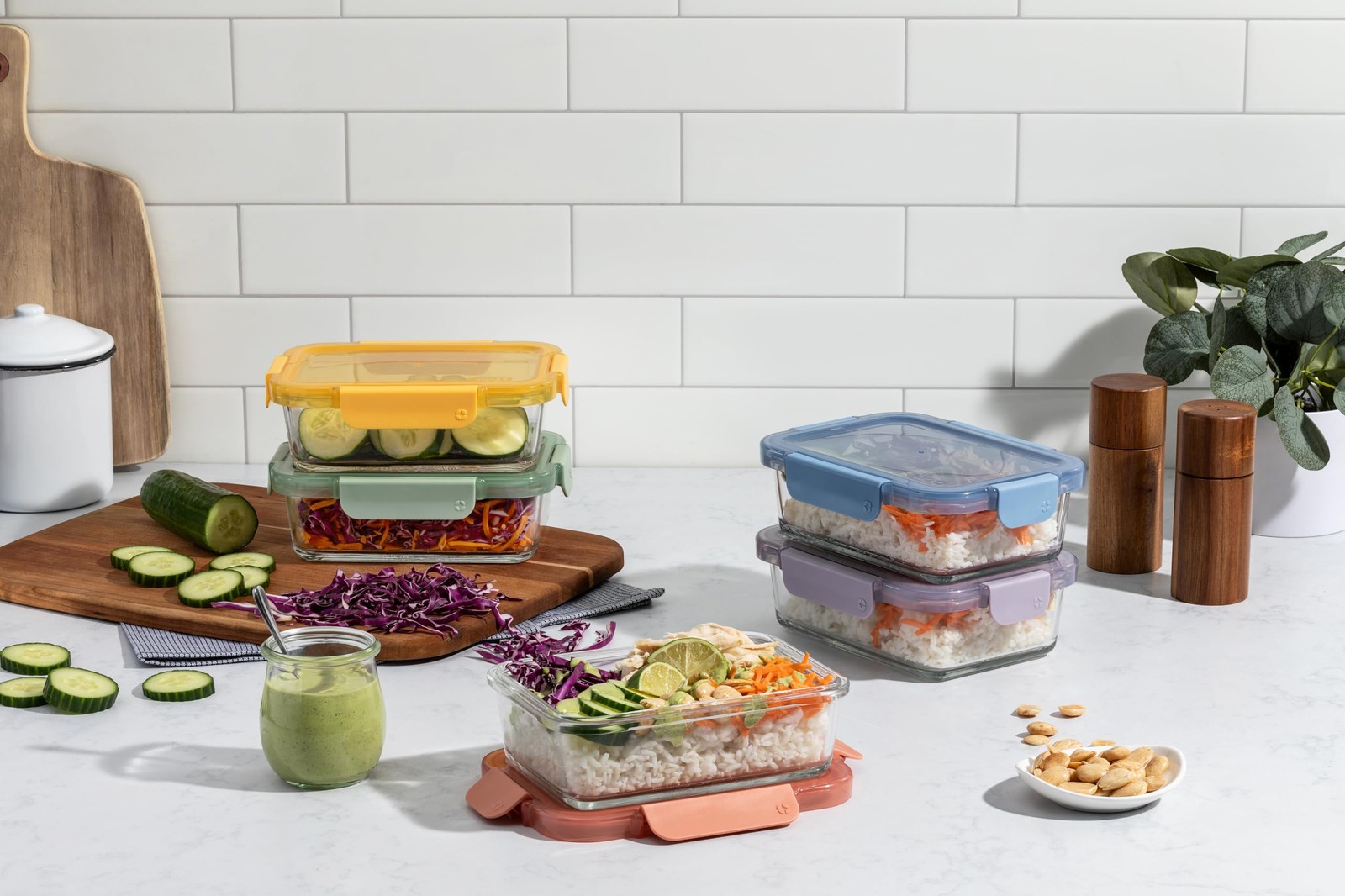 Ello Color Lock 3.4 Cup 10PC, 5 Pack Glass 5 x cups, Meal Prep: Festival