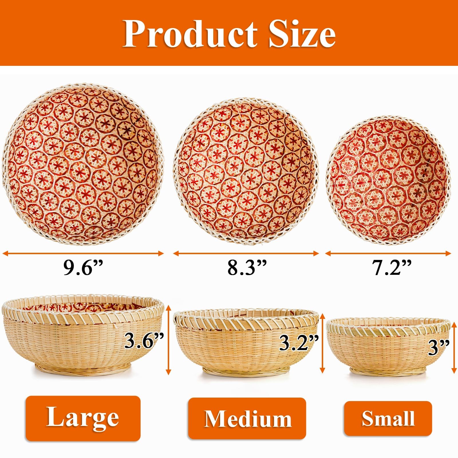 Set of 3 Round Wicker Fruit Baskets, Kitchen Wicker Woven Bread Basket Stacka…