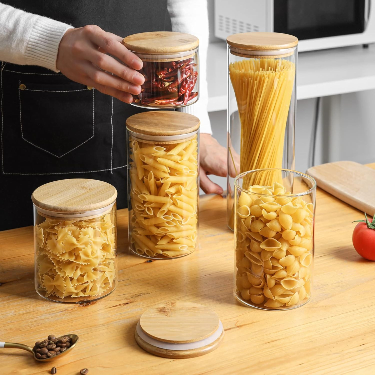 Comsaf Glass Spaghetti Pasta Storage Container with Lids 2 Qt Set of 3, Tall Cle
