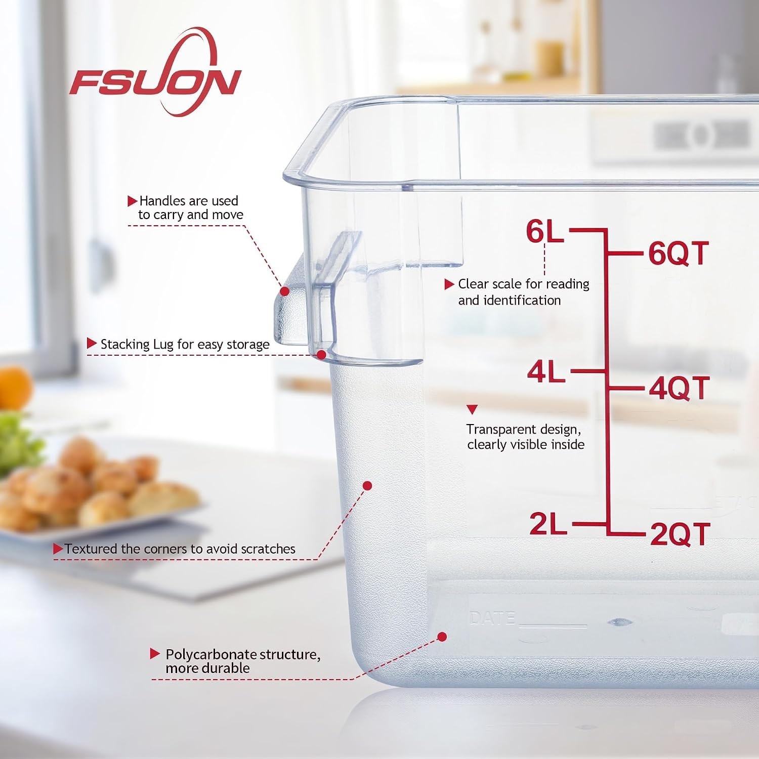 4 Pack 6 Qt Square Polycarbonate Food Storage Containers with BPA-free PC with s