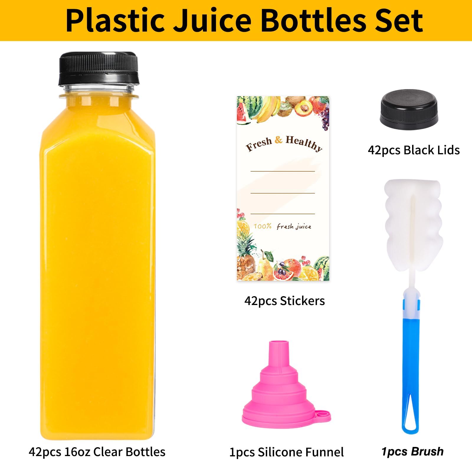 42pcs 16oz Plastic Juice Bottles With Caps Refrigerator Juice Container With Lid