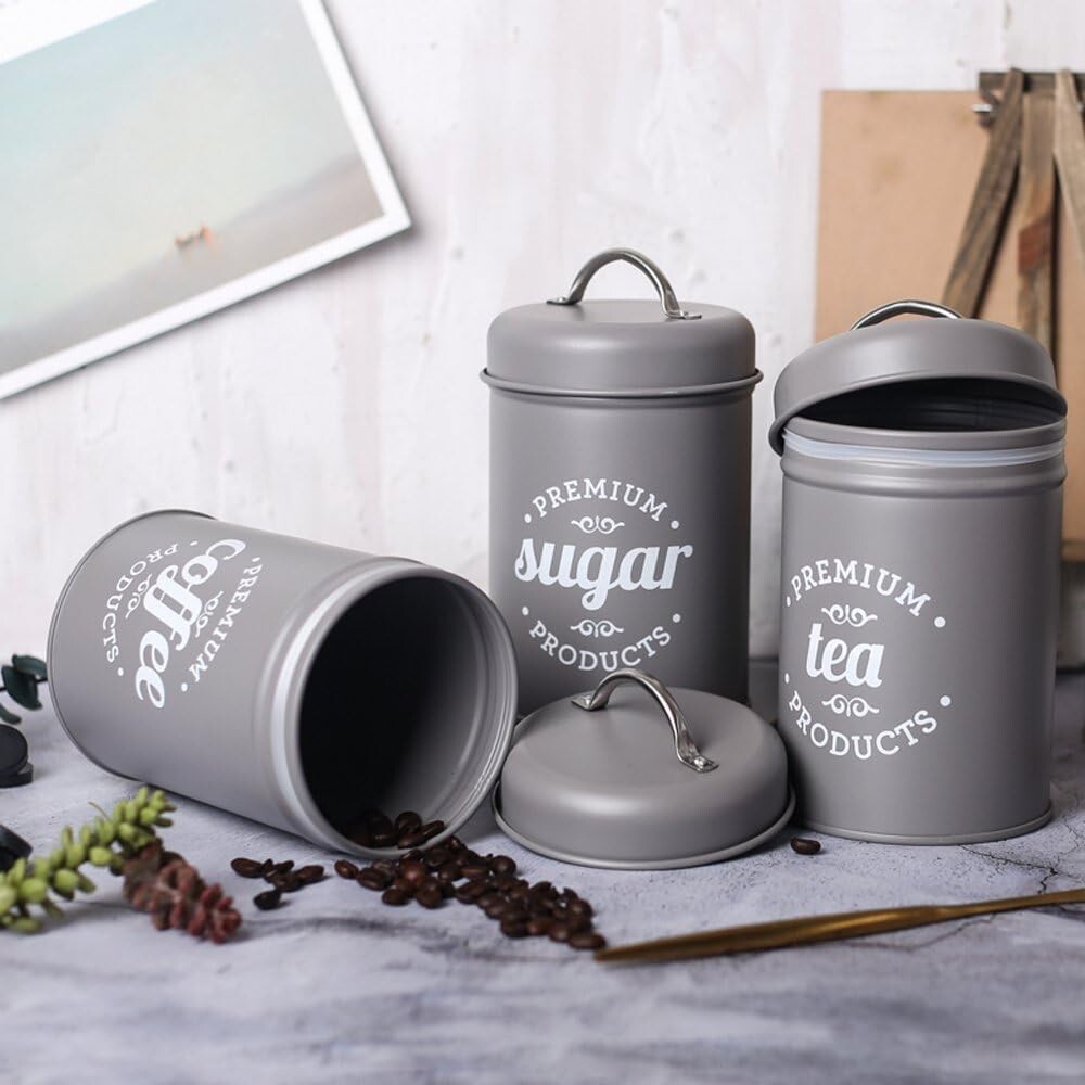 Canister Set of 3 Metal Food Storage Tin /Jar with Lid 4″L x 4″W x 6″H