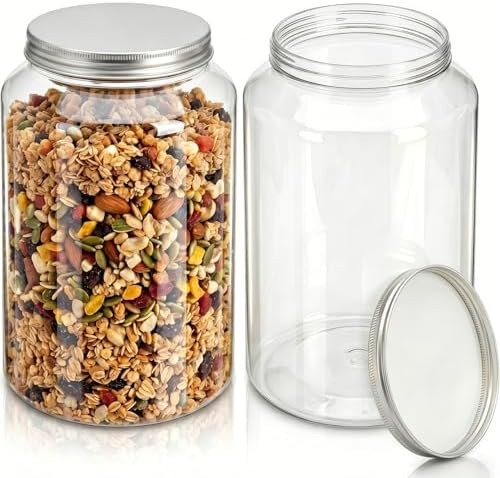 Tlence 2 Pack 1 Gallon Clear Plastic Jars, Large Food Storage Containers with Al