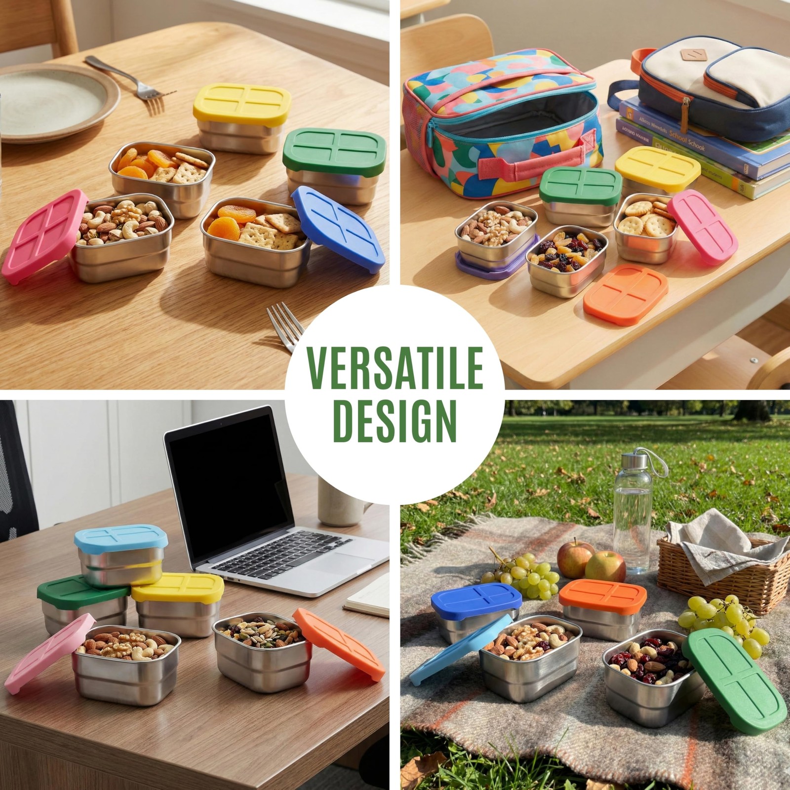 8 oz Stainless Steel Snack Containers with Silicone Lids, BPA-Free & Reusable Mi