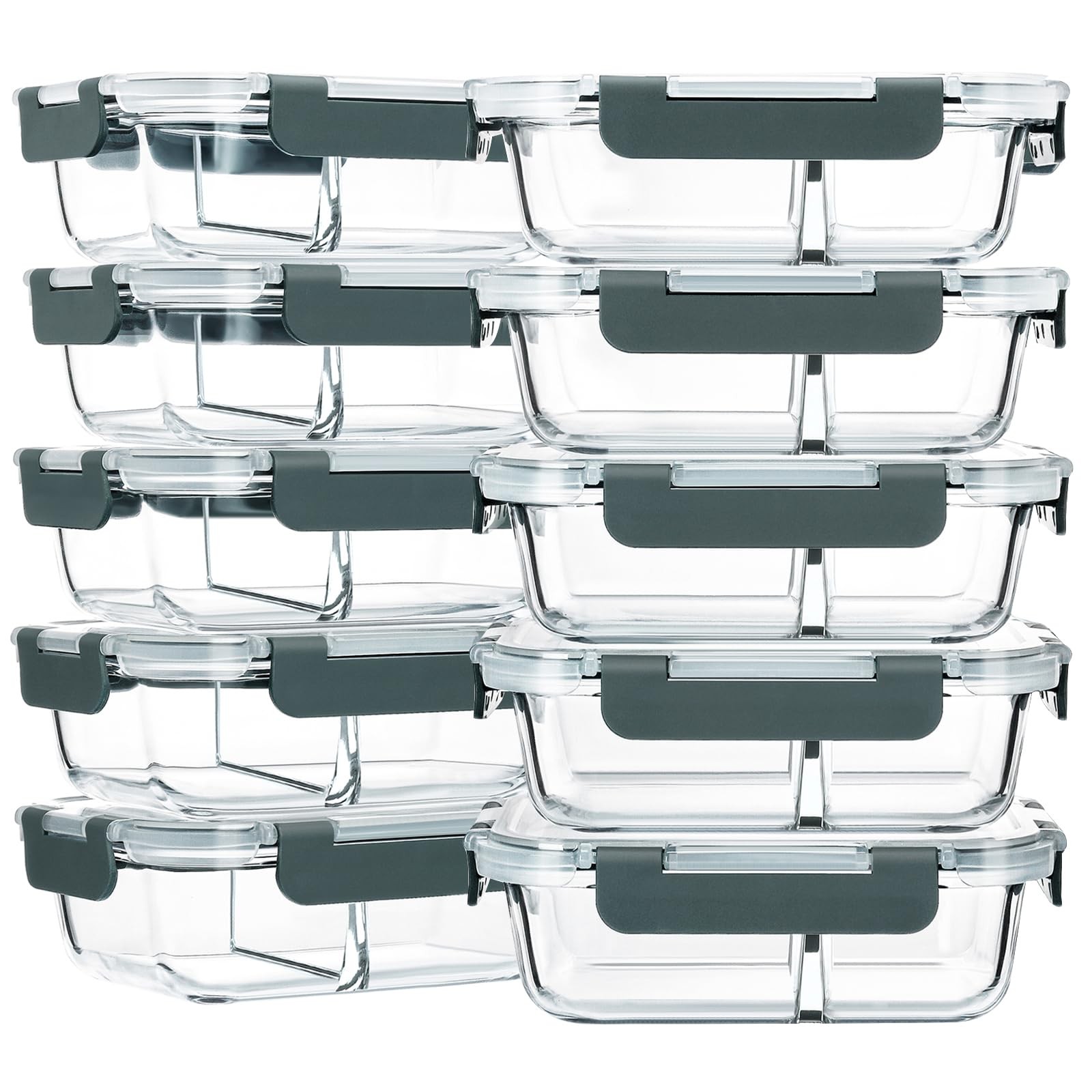 10~Pack 30 Oz Glass Meal Prep Containers, 2~Compartment Airtight with Lids
