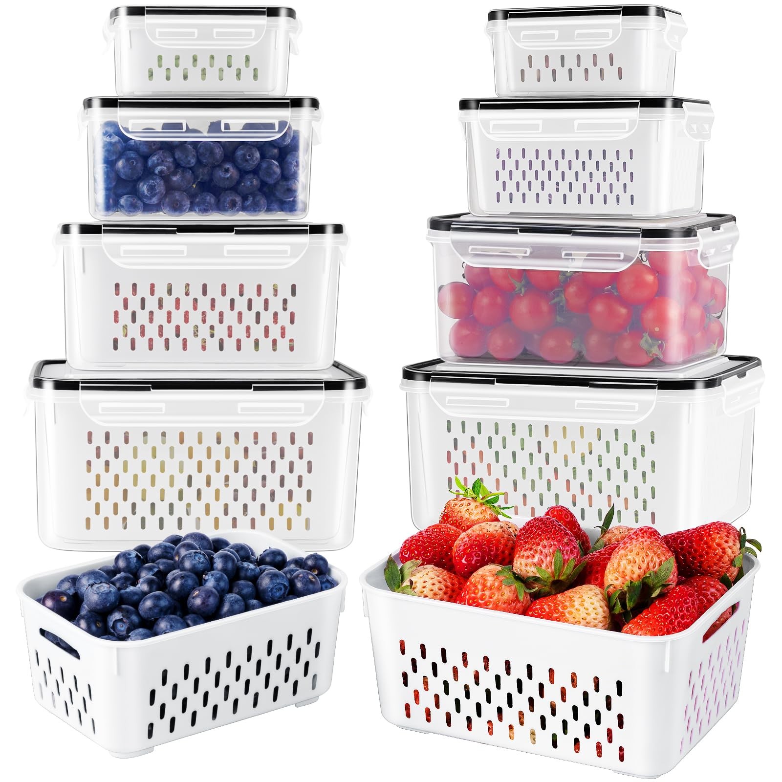 4 Pcs Fruit Storage Containers For Fridge With Removable Colander Airtight Food