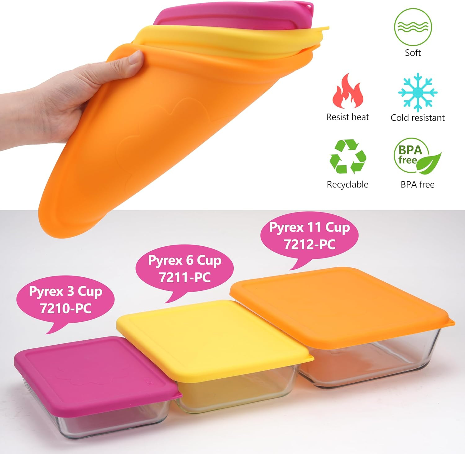 11 Cup Rectangle Silicone Storage Cover Lids Replacement for Pyrex 7212-PC Glass