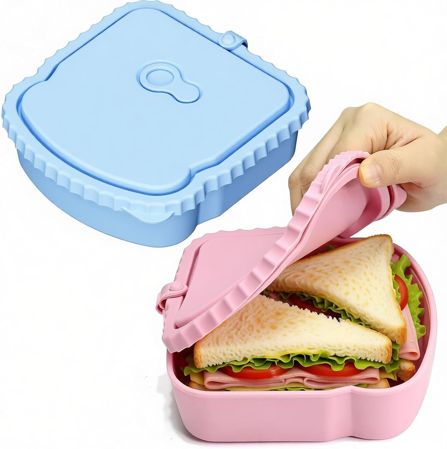 2 Pack Silicone Sandwich Container, Reusable Sandwich Bento Box with Lid for Lun