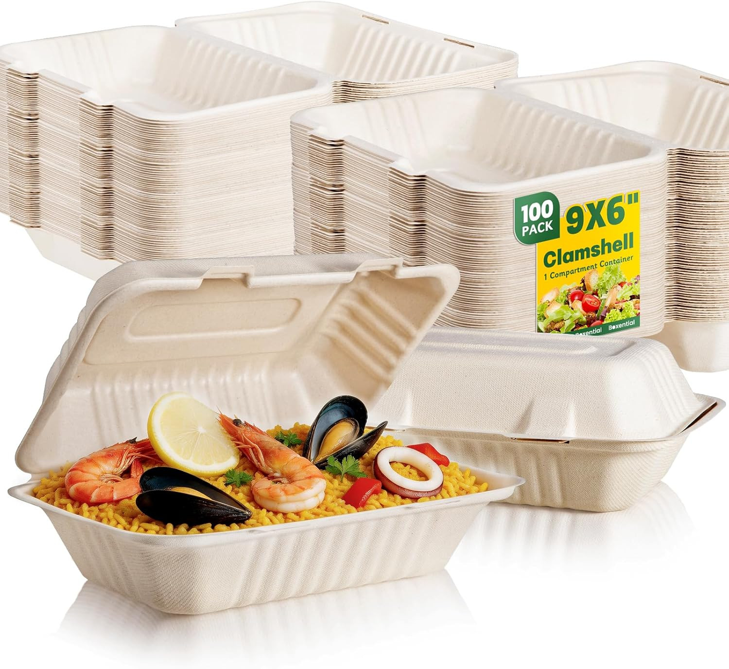 100 Pack Compostable to Go Food Containers 9×6″ | Disposable Clamshell Take Out