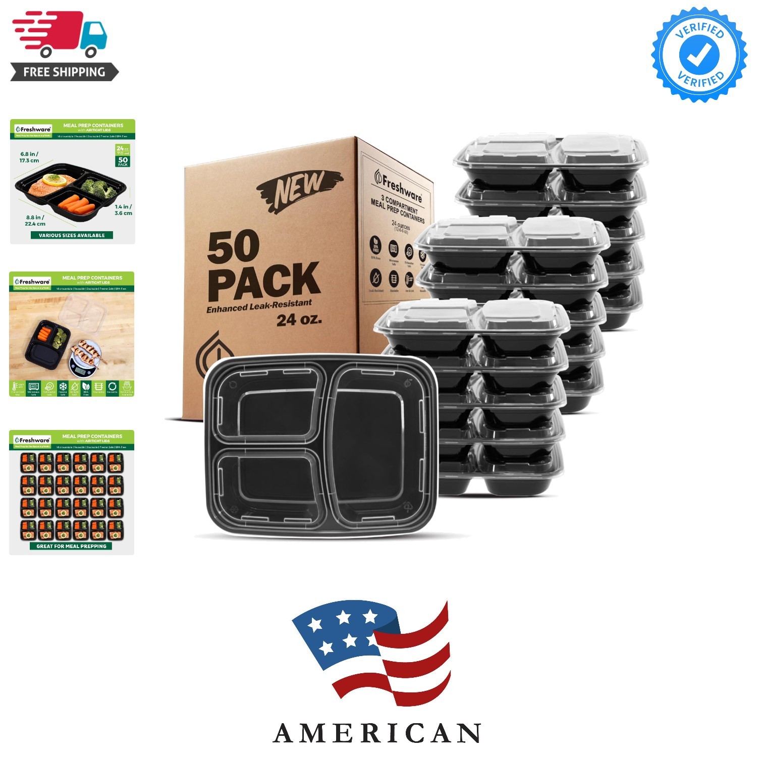 Meal Prep Containers [50 Pack] 3 Compartment Food Storage Containers with Lid…