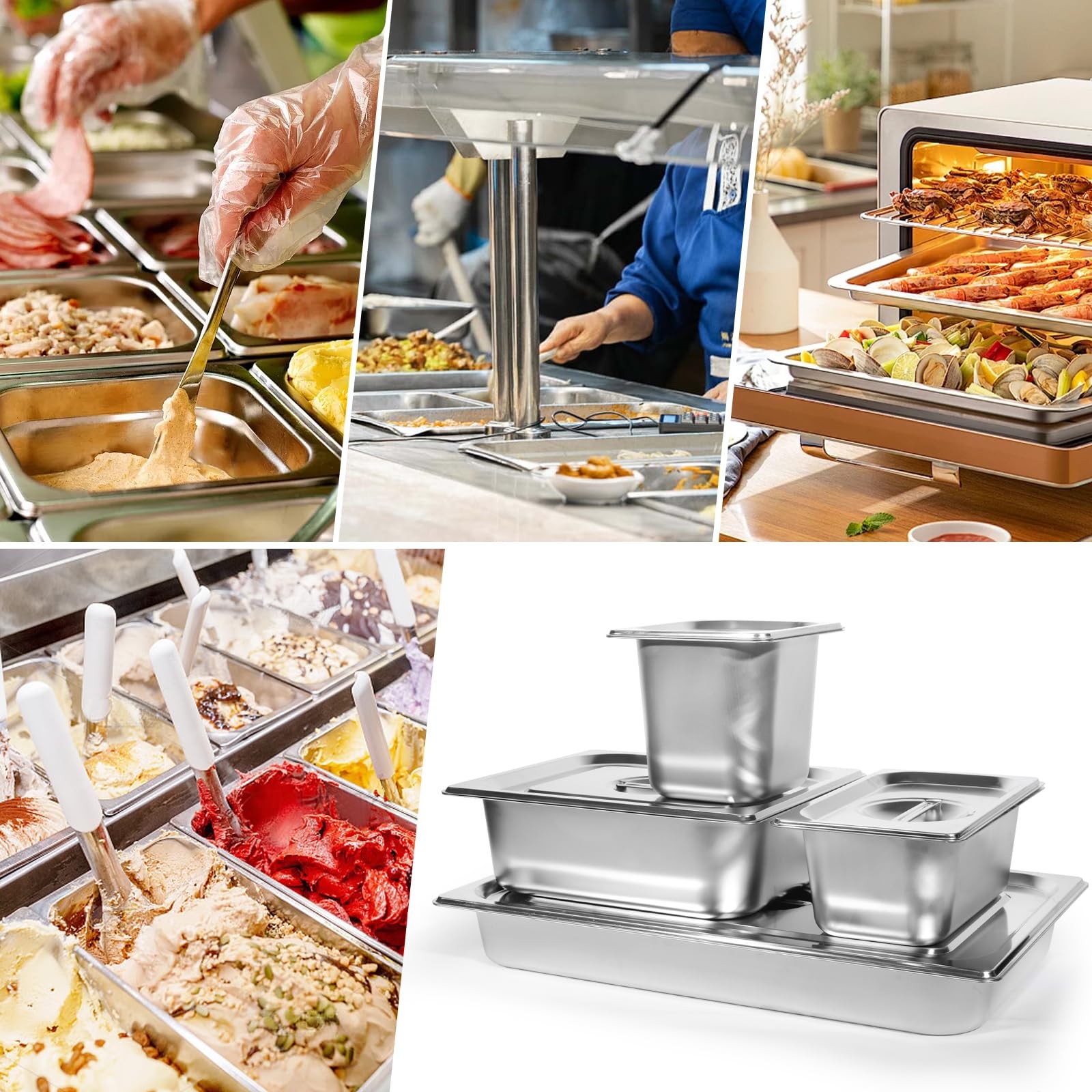 2 PCS Hotel Pan 1/1 Size 16.6 Qt Stainless Steel Steam Lid 2.5 Inch Deep