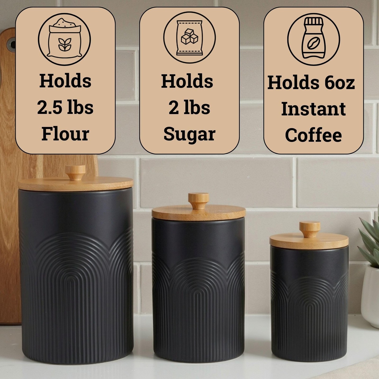 Ceramic Kitchen Canisters for Countertop Set of 3 with Airtight Bamboo Lids -…