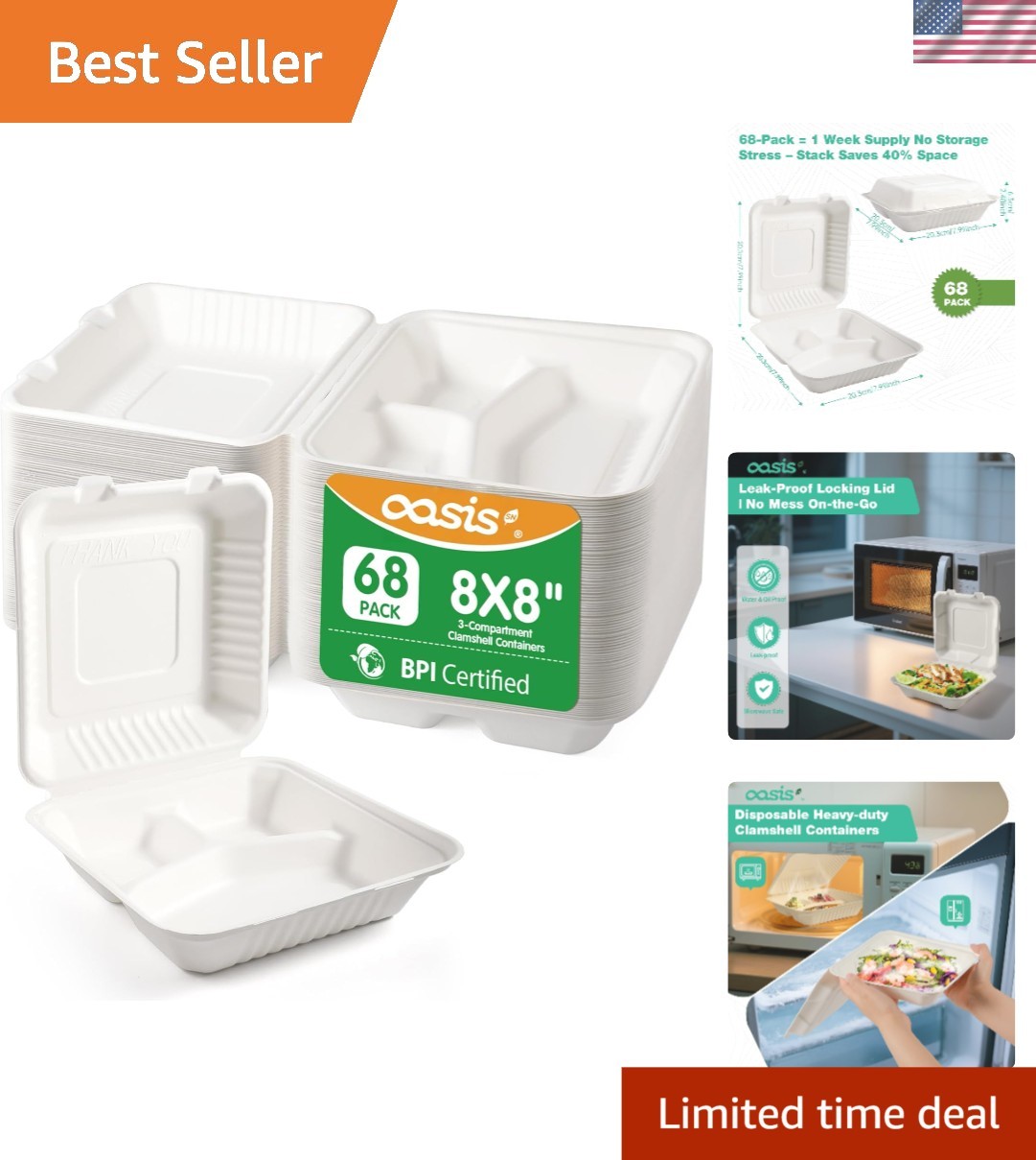 Heavy-Duty Compostable Clamshell Lunch Boxes – 68-Pack, Perfect for Meal Prep