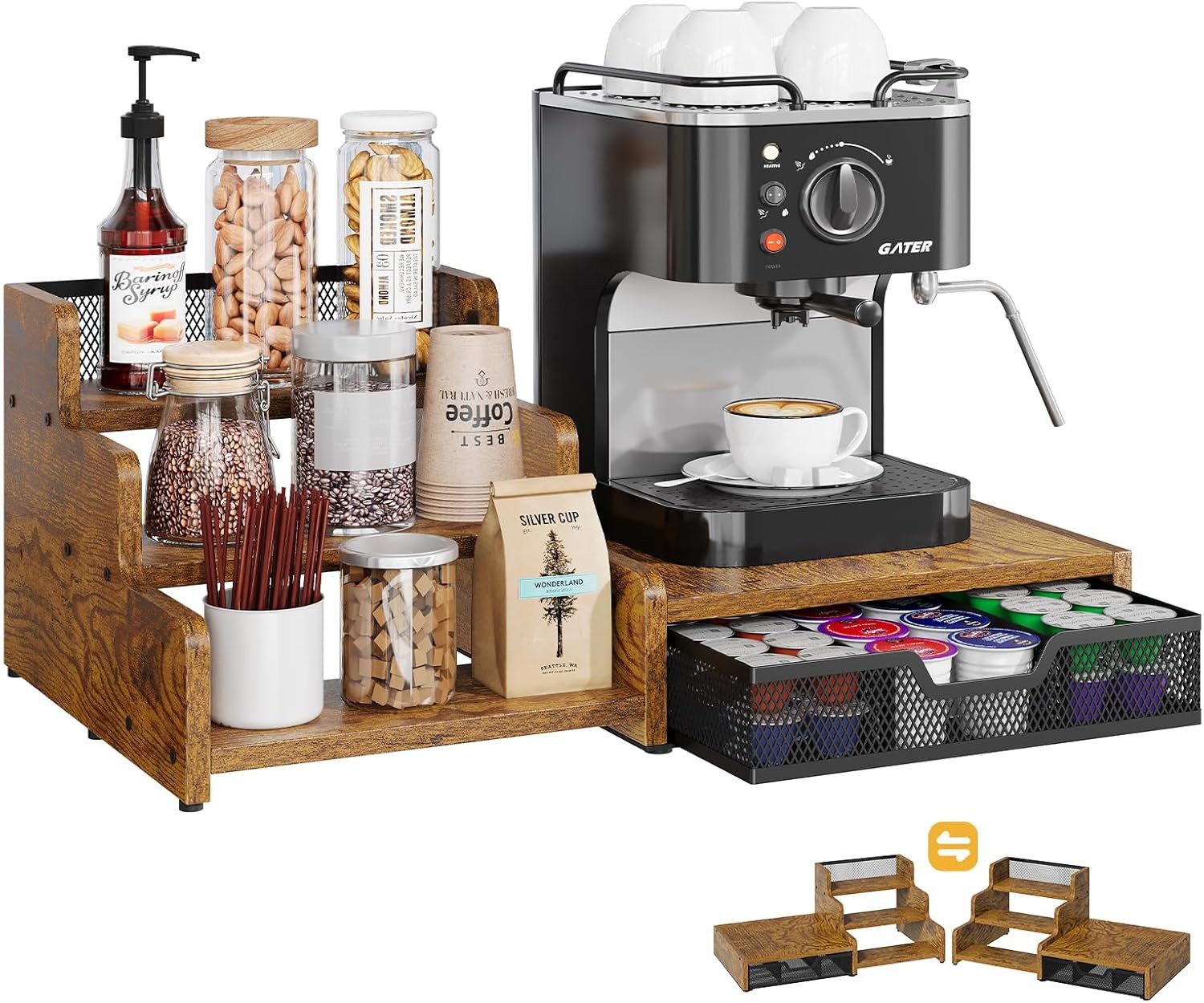 Coffee Station Organizer with K Cup Holder, 28 Pod Capacity,3-Tier Syrup Rack