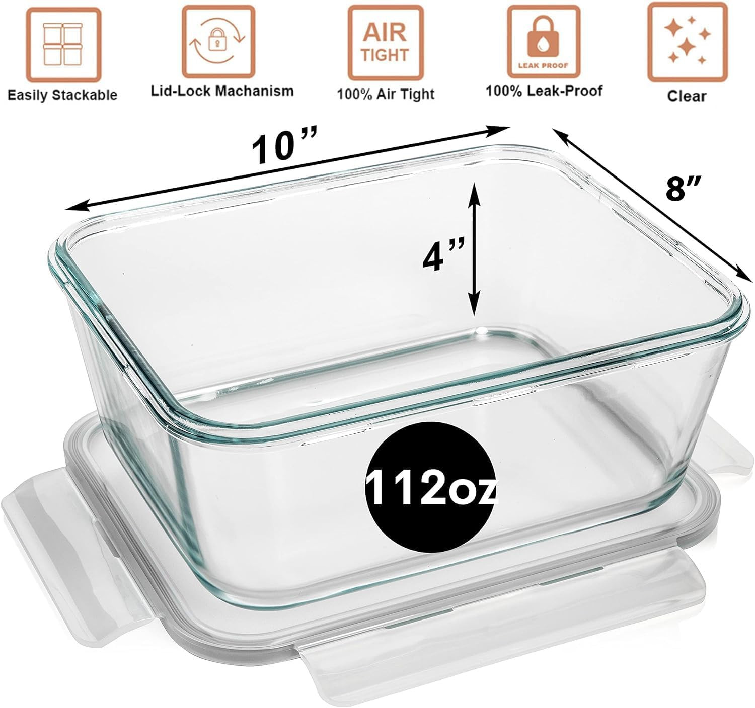 3300 Ml/ 112 Oz LARGE Glass Food Container with Locking Lid. Ideal for Storing F