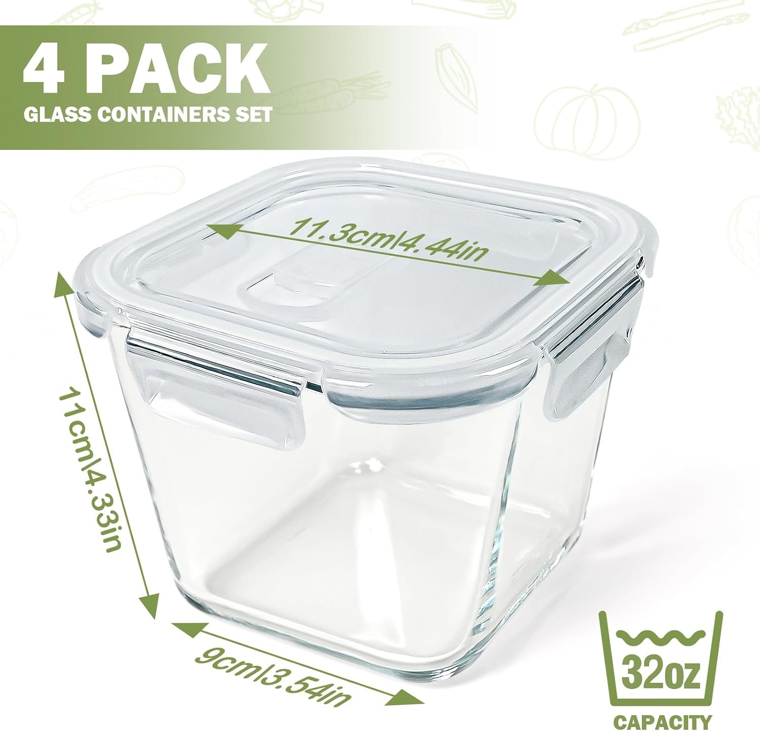 Borosilicate Glass Soup Containers with Lids 4 Cup/32 oz 4 Pack | Microwave