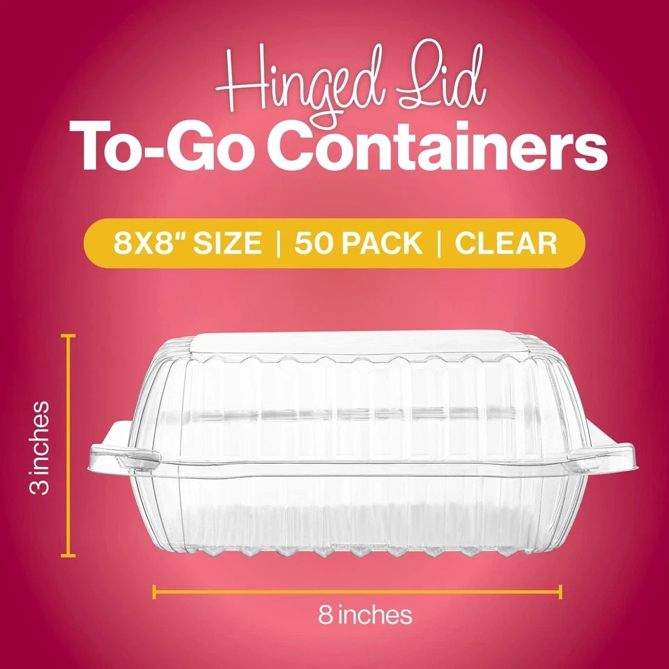 50 Clear Plastic Containers, 8″ X 8″ X 3″ Hinged Lid Togo Clamshell Food Cont…