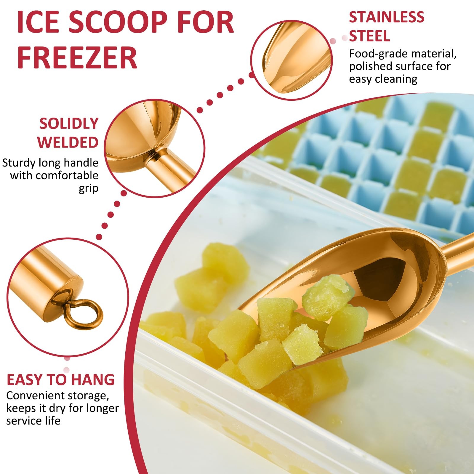 2 PCS 3 Ounce Ice Scoop Freezer Stainless Steel Small Food Kitchen Gold