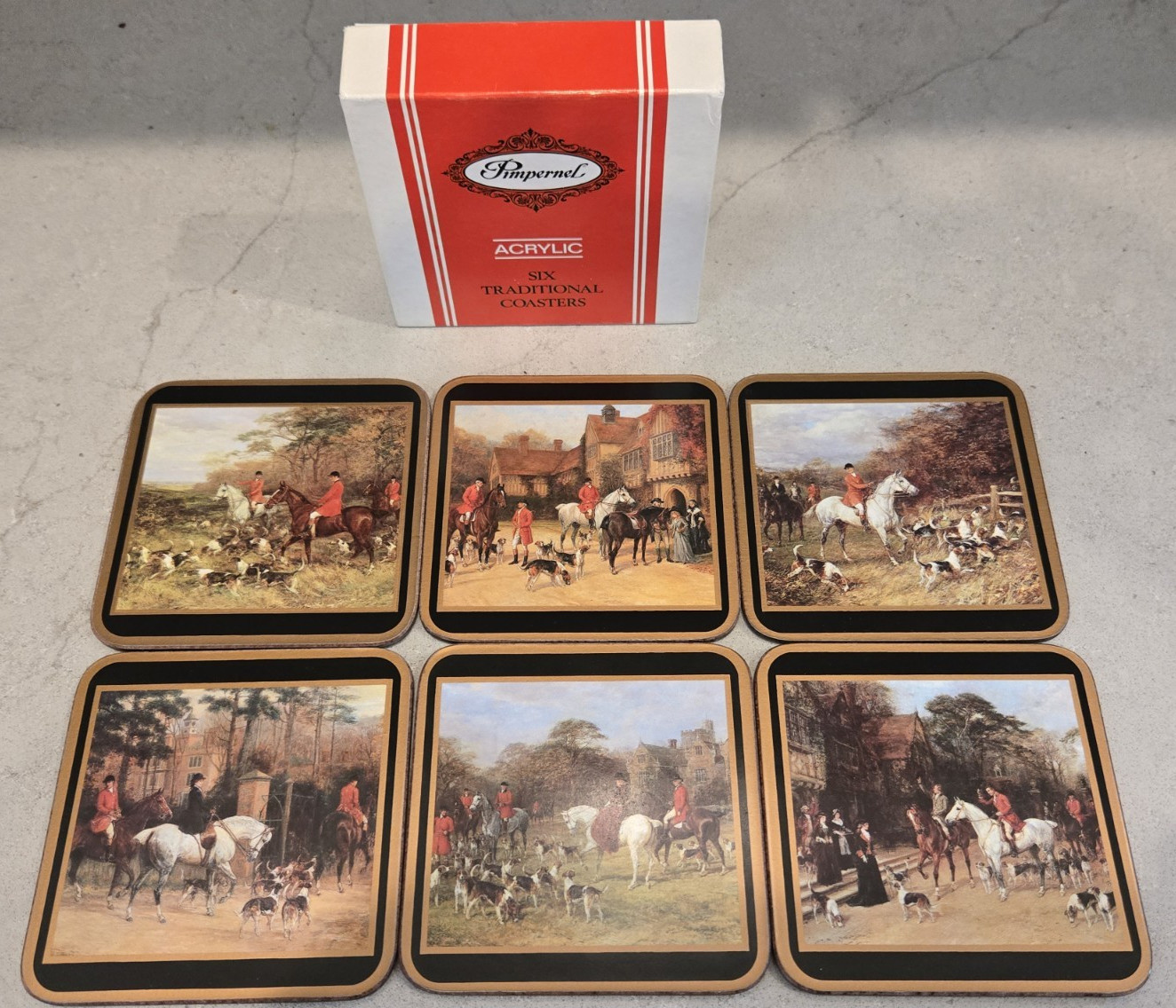 VTG Pimpernel coasters – Tally-Ho pattern cork backed Fox hunting, horses