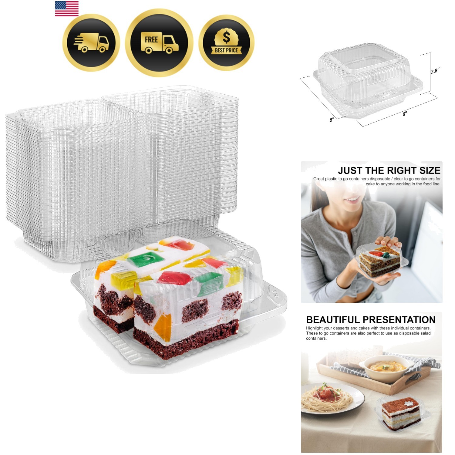 Clear Cake Slice Container 5″ x 5″ x 2.75″ – To go Square Plastic Container P…