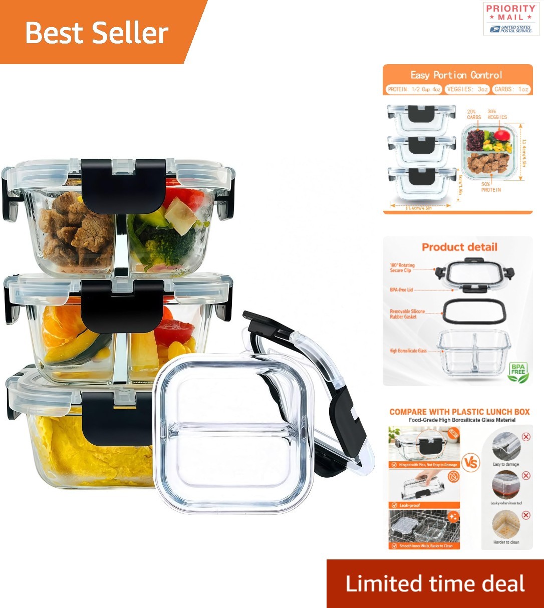 3 Pack Glass Meal Prep Containers 240 ml Reusable for Portion Control Black