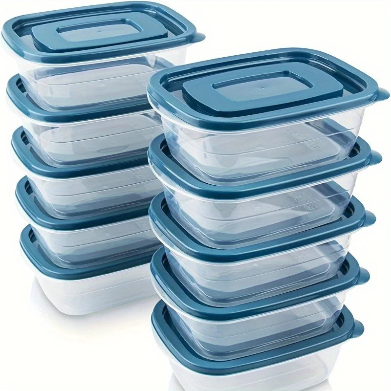 Set of 6 Stackable Food Storage Containers Transparent Blue Lid Measuring Cup