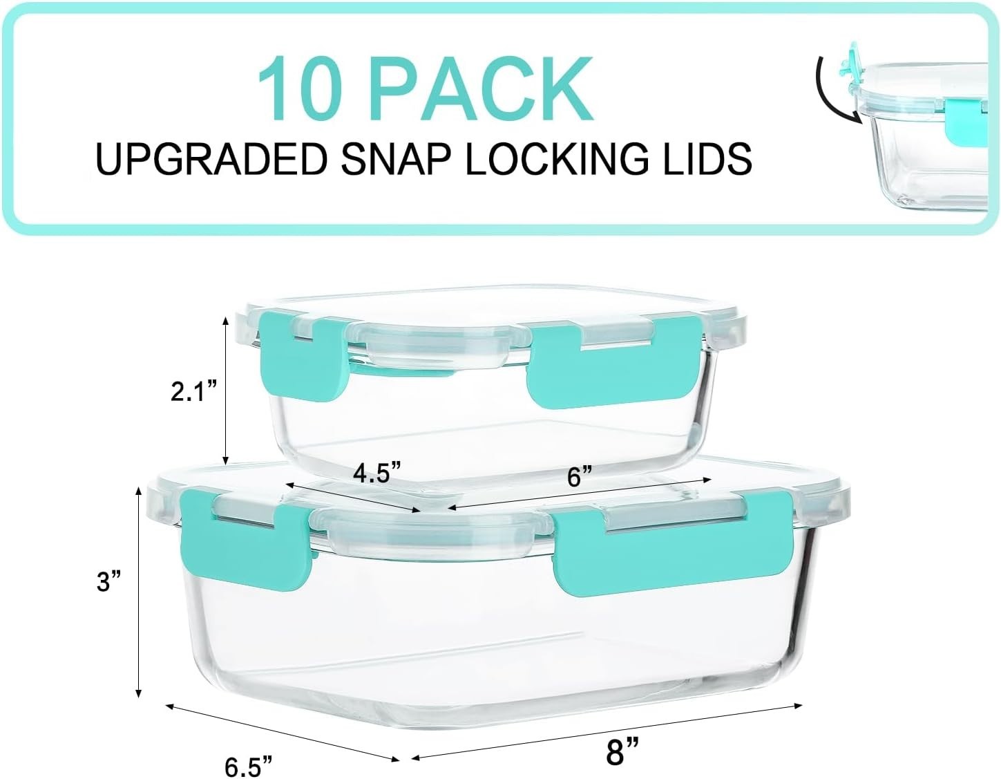 Microwave Safe Glass Containers 10 Pack Meal Prep Food Storage Green Rectangular