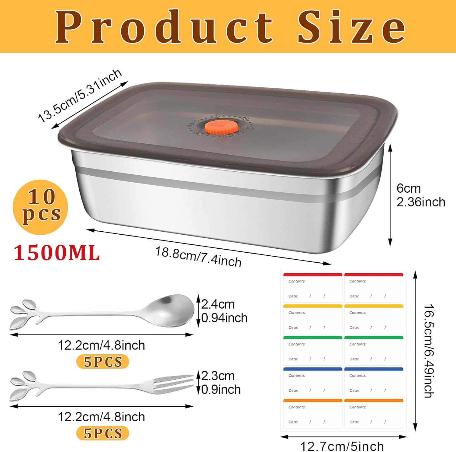 10Pcs 316 Stainless Steel Food Storage Containers Airtight Lids 50Oz/1500Ml Fres