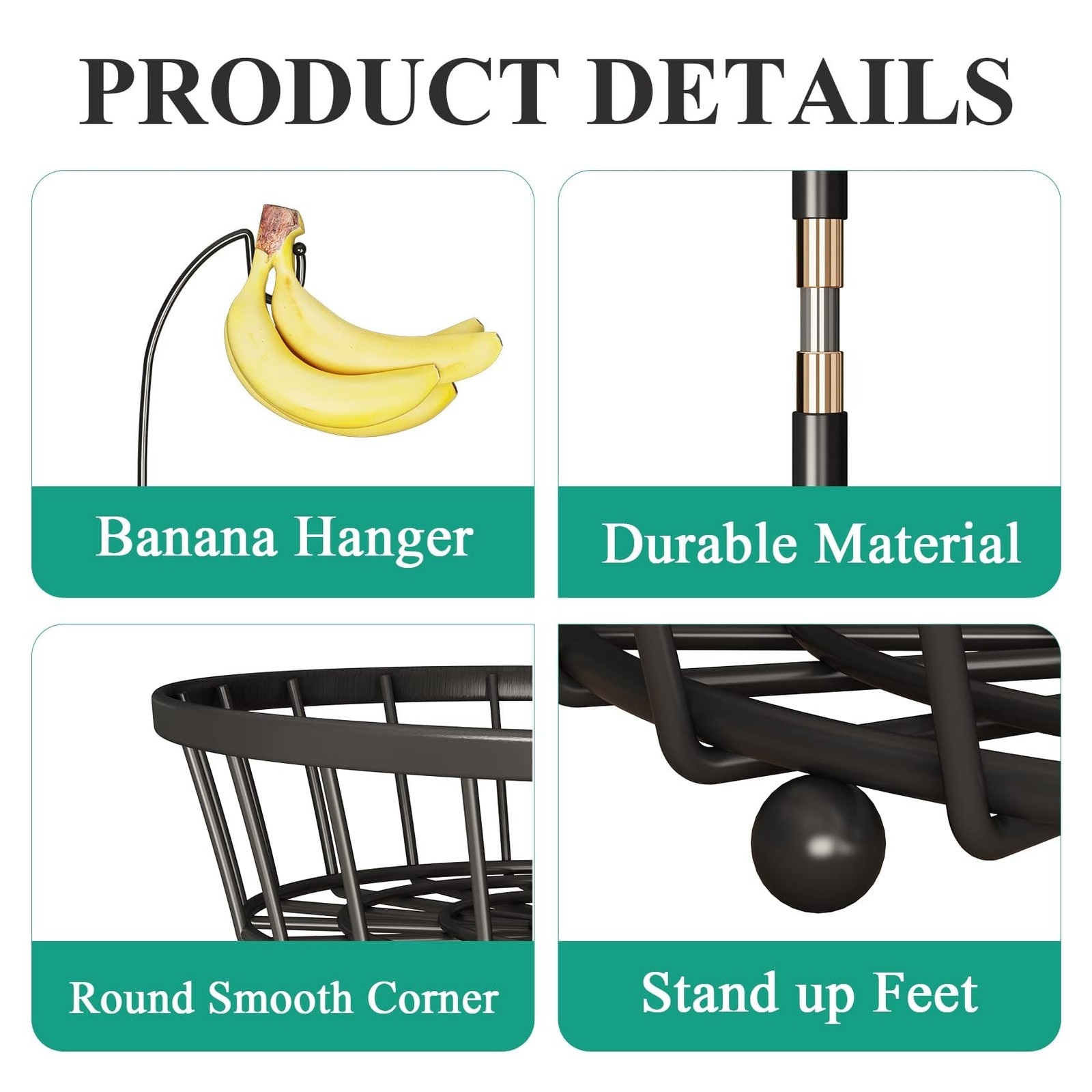 SAYZH 2-Tier Fruit Basket Bowl Stackable 2 Tiers (10.7”+11.8”）, Black