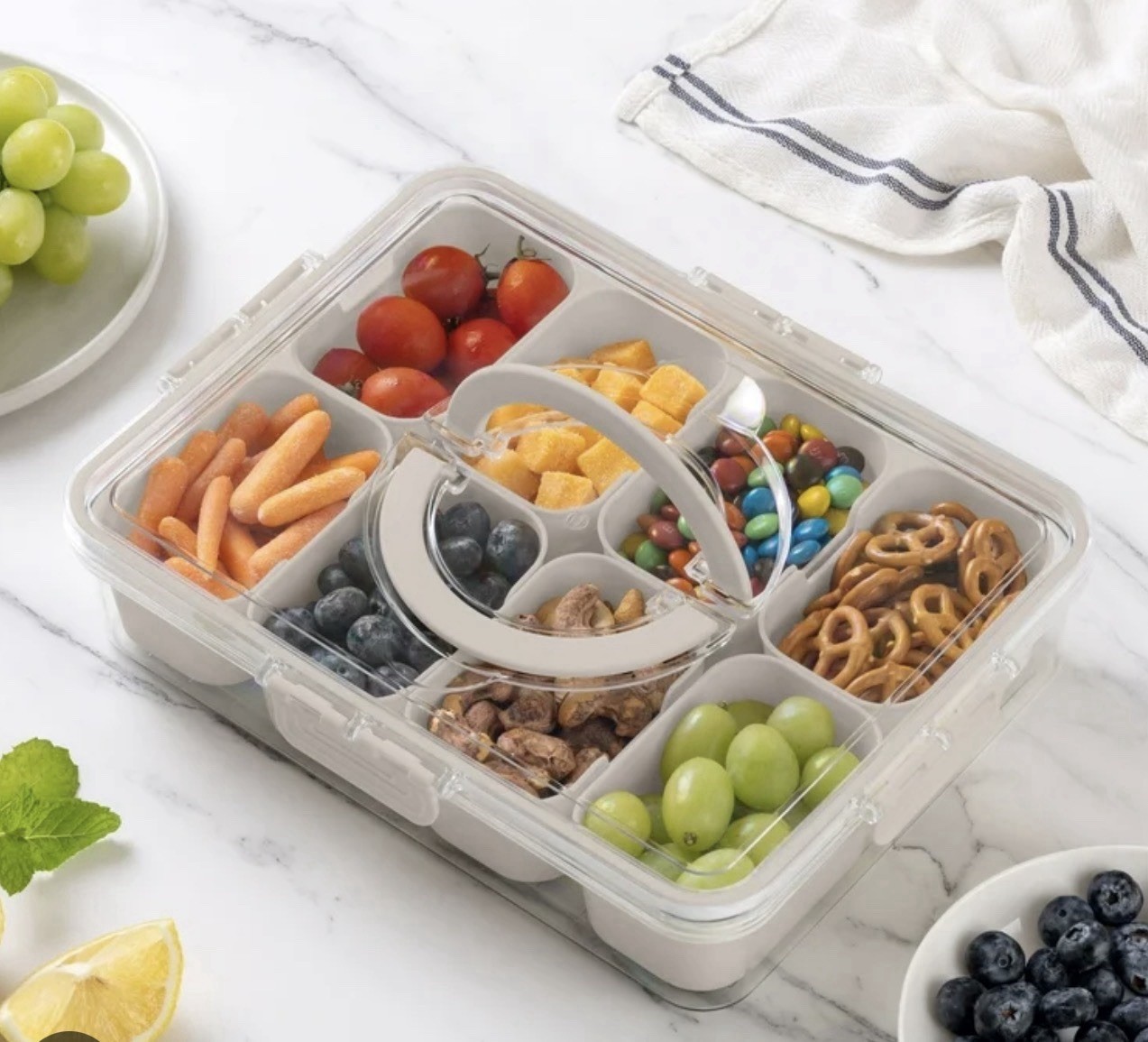 CWC 8-Compartment Plastic Snack Container Clear/Beige Rectangular Handle Lid