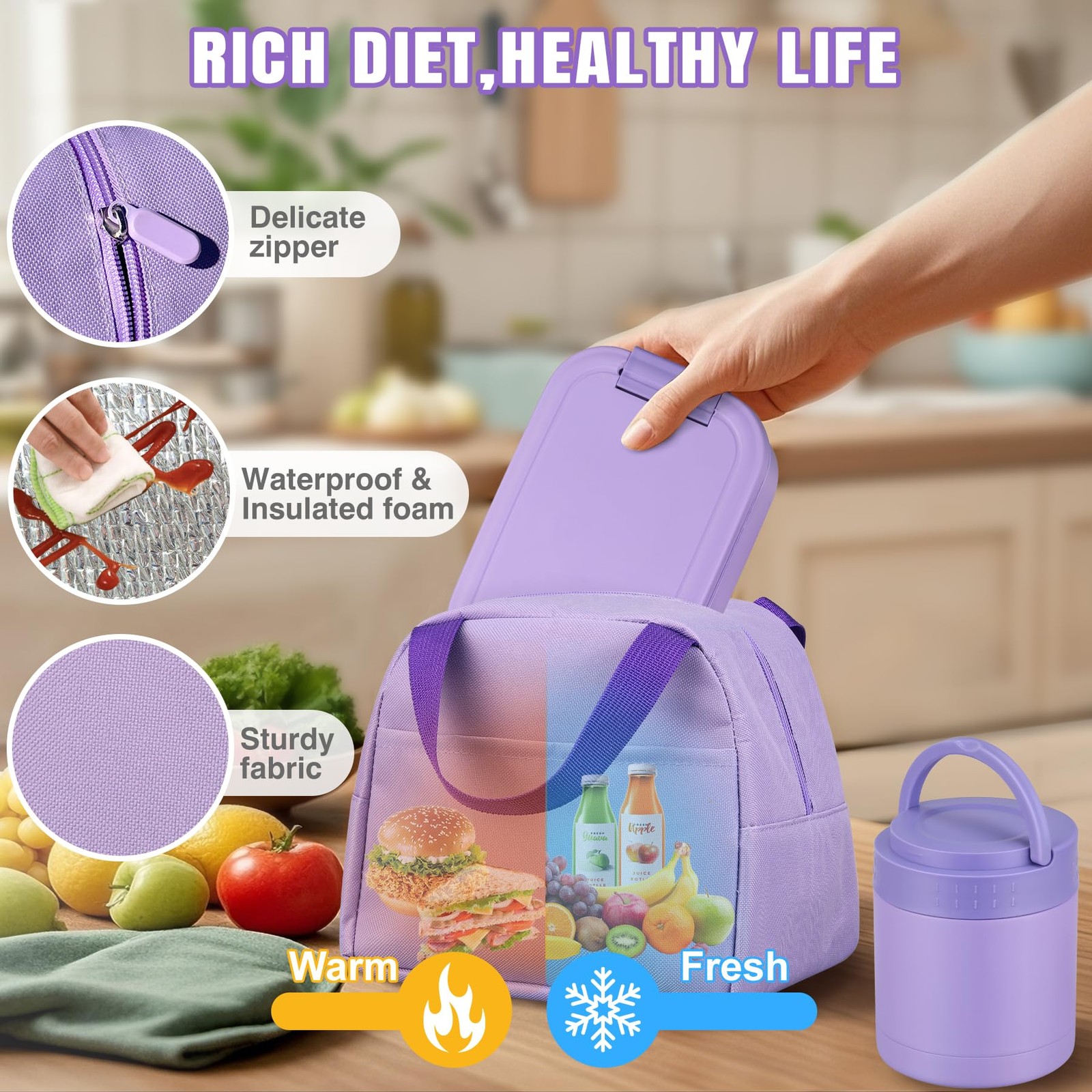 Large Bento Lunch Box Set for Adults Kids Women with 10.5oz Soup 1, Purple